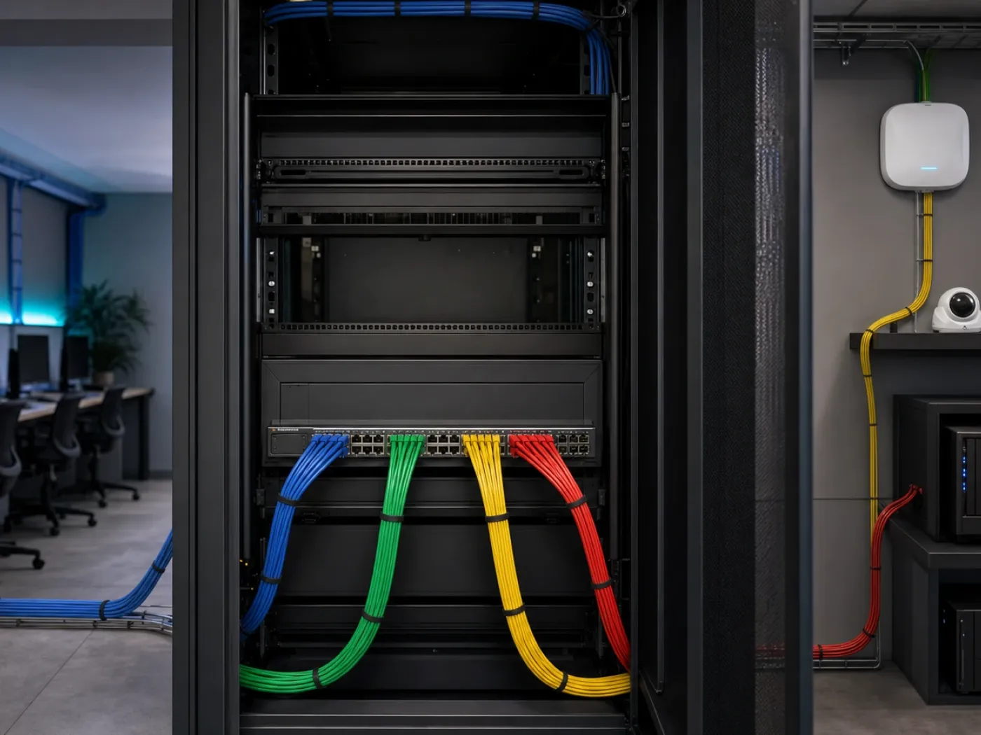 Placeholder: fizično poslovno omrežje z ločenimi segmenti, Wi-Fi in VPN povezavami